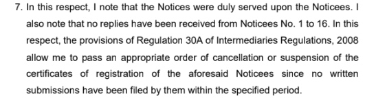 Order, Page 5, Para 7. Crop to this paragraph noting that no replies were received from Noticees 1 to 16.
