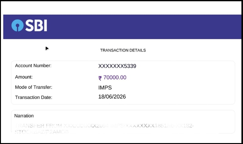 Bank transfer receipt showing ₹80,000 SEBI advisory fee recovery refund