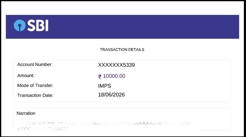 Bank transaction receipt of ₹80,000 refund proof for SEBI advisory fee recovery