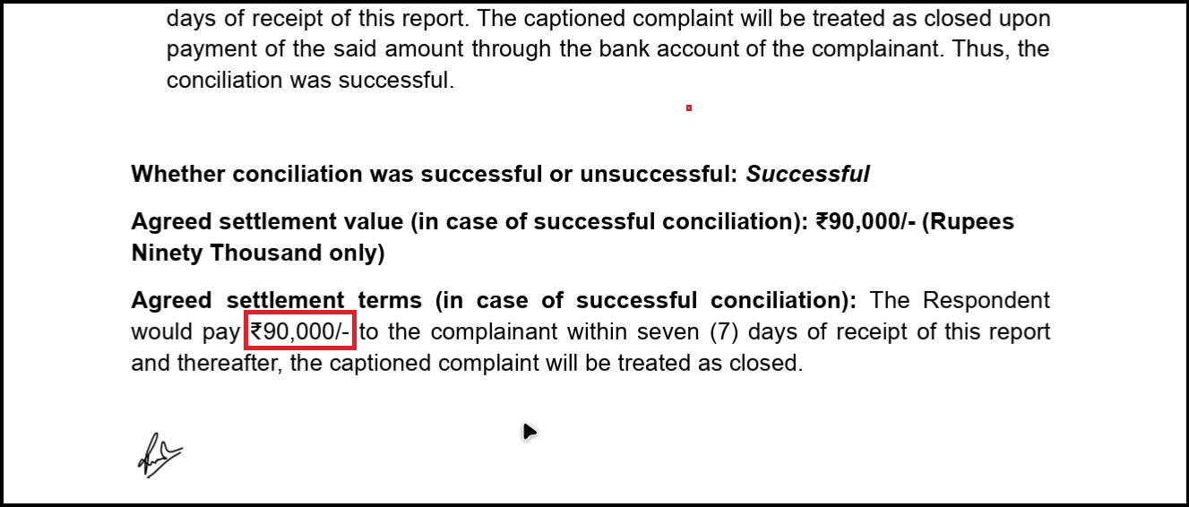 SEBI SCORES complaint outcome showing successful ₹90,000 fee recovery settlement