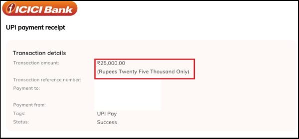 Proof of advisory fee recovery payment receipt for ₹50,000