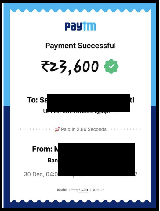 Payment confirmation screenshot of ₹23,600 refund for undelivered algo trading signals