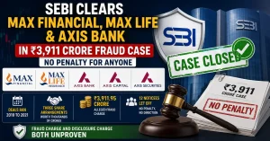 SEBI case closed infographic showing Max Financial, Max Life, Axis Bank, Axis Capital and Axis Securities cleared in the ₹3,911 crore alleged fraud case, with fraud and disclosure charges not proven and no penalty imposed.