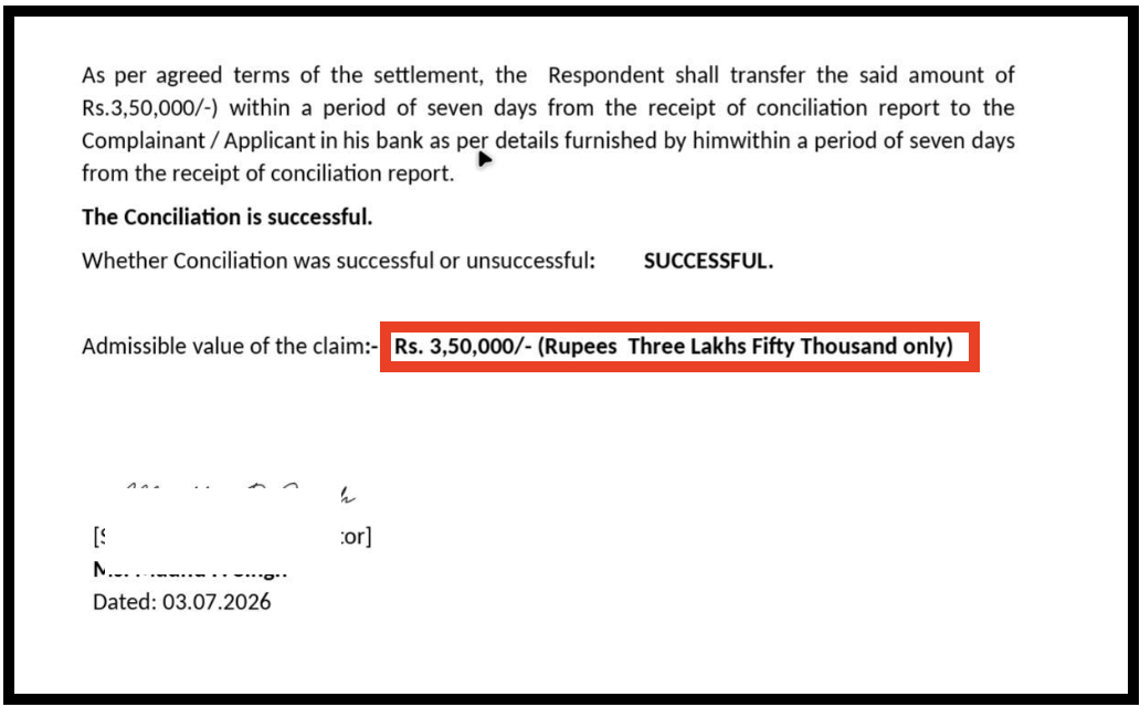 Conciliation settlement document showing successful ₹2,50,000 advisory fee refund