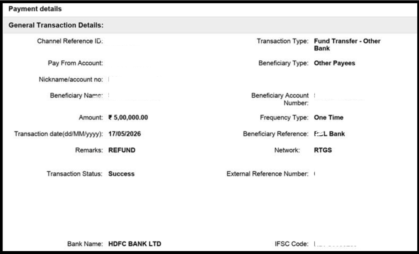 Bank transfer receipt showing ₹5 Lakh advisory fee recovery refund