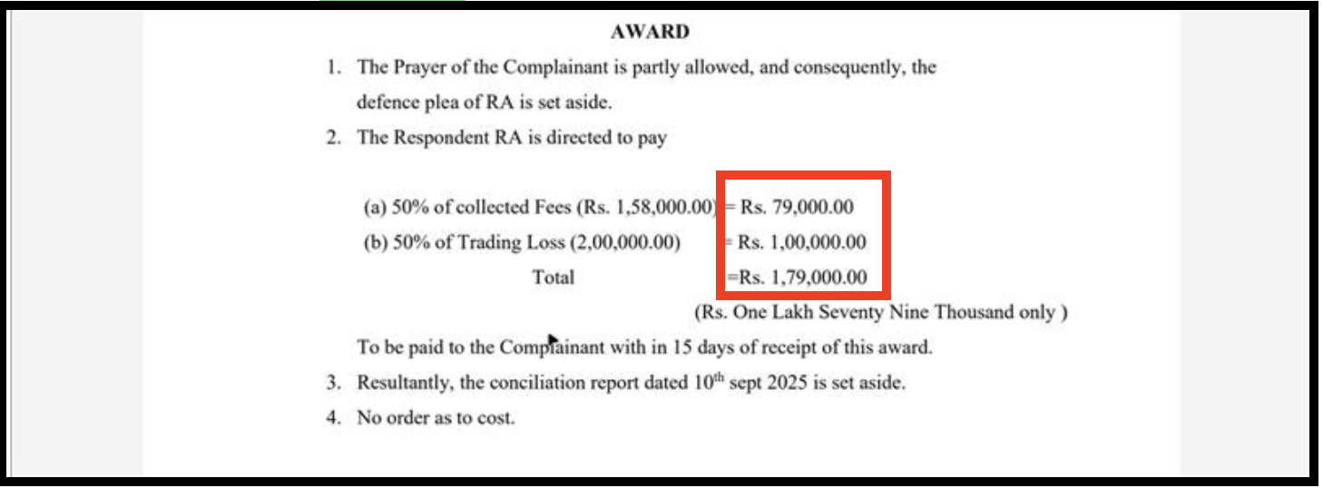 Arbitration award document showing ₹1,79,000 fee refund recovery