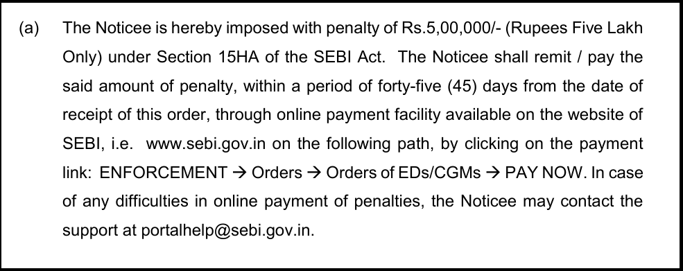 SEBI order paragraph highlighting the Section 15HA penalty and 45-day online payment direction for Mohit Gupta.
