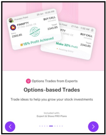 StockGro trade idea cards showing a Finnifty buy call with entry and target prices, one marked "15% Profit Achieved" and another marked "Make 32% Profit"