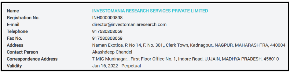 SEBI registration details for Investomania Research Services Private Limited.