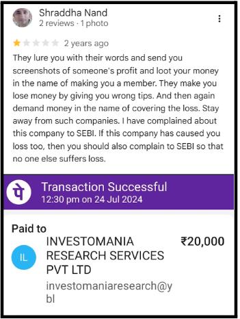 Shraddha Nand's Google review complaining of stock tip losses, attached with a ₹20,000 payment receipt.