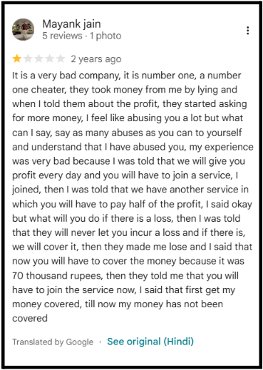 Google review by Mayank Jain describing a ₹70,000 loss after joining a stock advisory service.