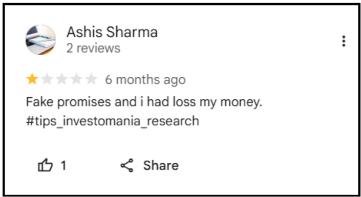 Ashis Sharma's 1-star Google review alleging financial loss and fake promises.