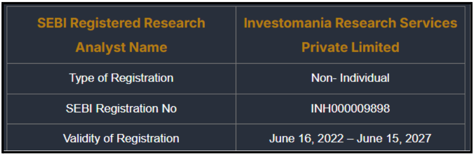 Disclosure showing Investomania Research Services registration with a 5-year expiry date of 2027.