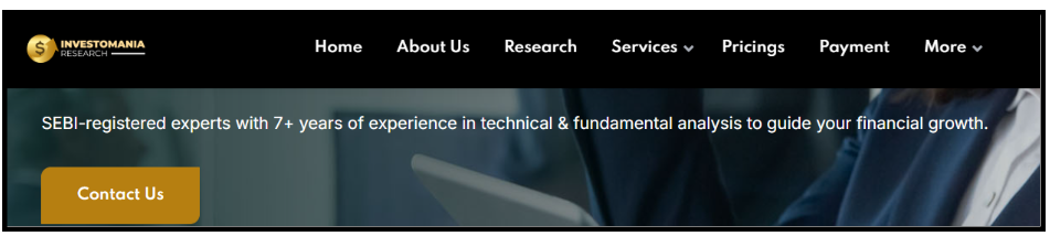 Homepage banner for Investomania Research claiming 7+ years of experience.