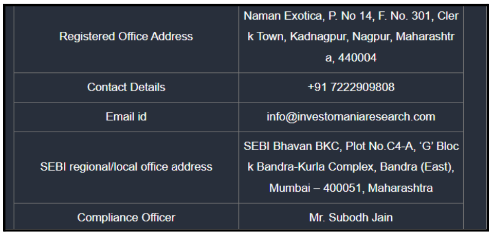 Contact details on website different from the SEBI's record.