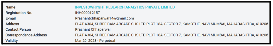 SEBI Research Analyst registration record for Investowryght Research Analytics Private Limited