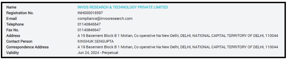 Invos Research & Technology SEBI Registration Details