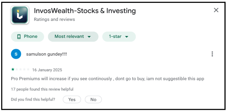 InvosWealth App Play Store Review Alleging Rising Pro Subscription Costs