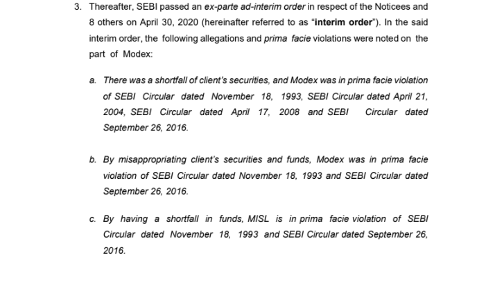 SEBI's 2020 interim order listing prima facie violations against Modex International Securities including client fund and securities shortfall