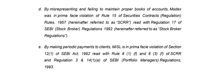 SEBI's 2020 interim order listing prima facie violations against Modex International Securities including client fund and securities shortfall