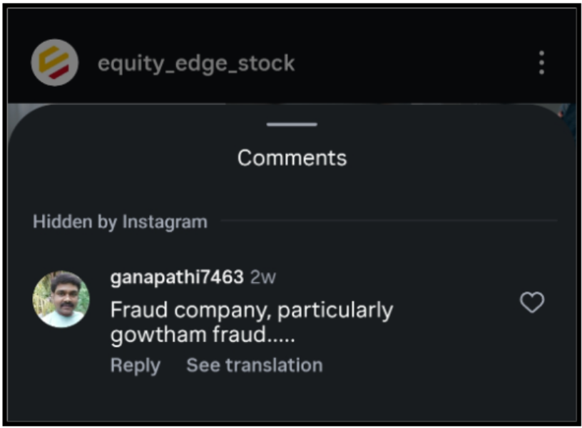 Equity Edge Instagram Hidden Comment Fraud Allegation Review