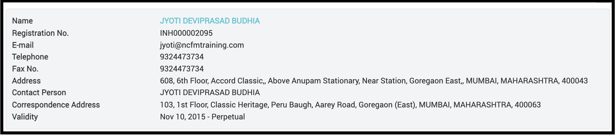 SEBI Research Analyst registration record for Jyoti Deviprasad Budhia