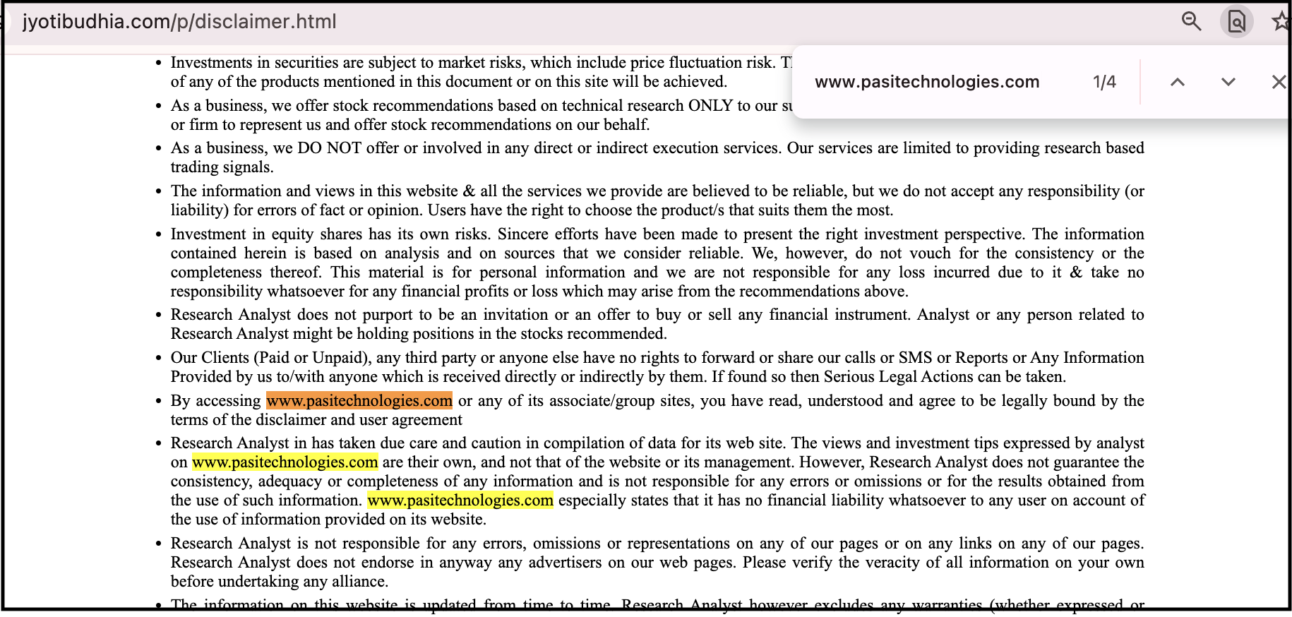 Disclaimer page on Jyoti Budhia's website referencing a different domain name in its legal text.