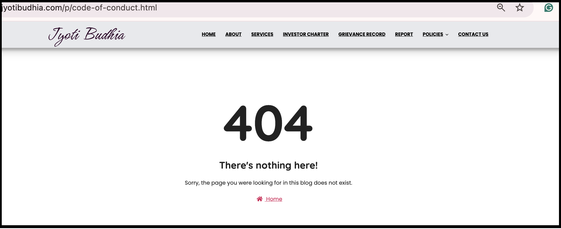 a 404 error page returned when attempting to access the Code of Conduct link on Jyoti Budhia's website.