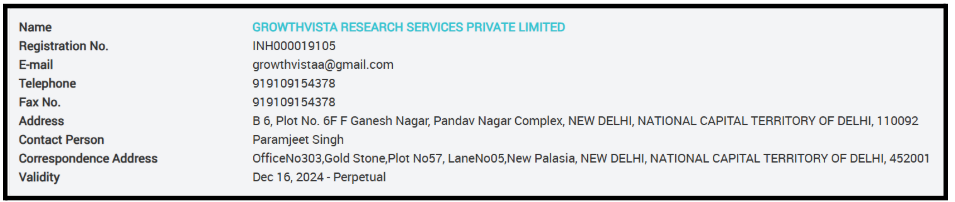 Growth Vista Research Services Private Limited SEBI registration details and contact information