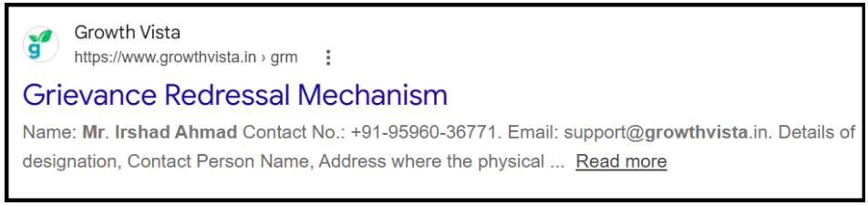 Different Contact Person on Growthvista Website Google Description