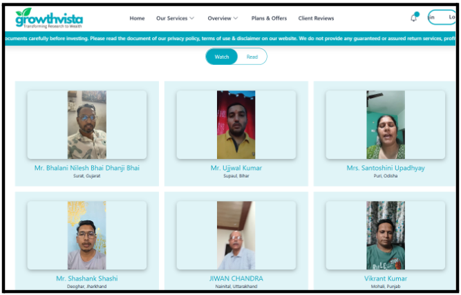 Growth Vista Research Official Website Client Reviews Page