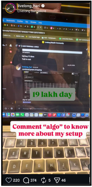 Instagram Post with 19 Lakh Day Trading Return Claim
