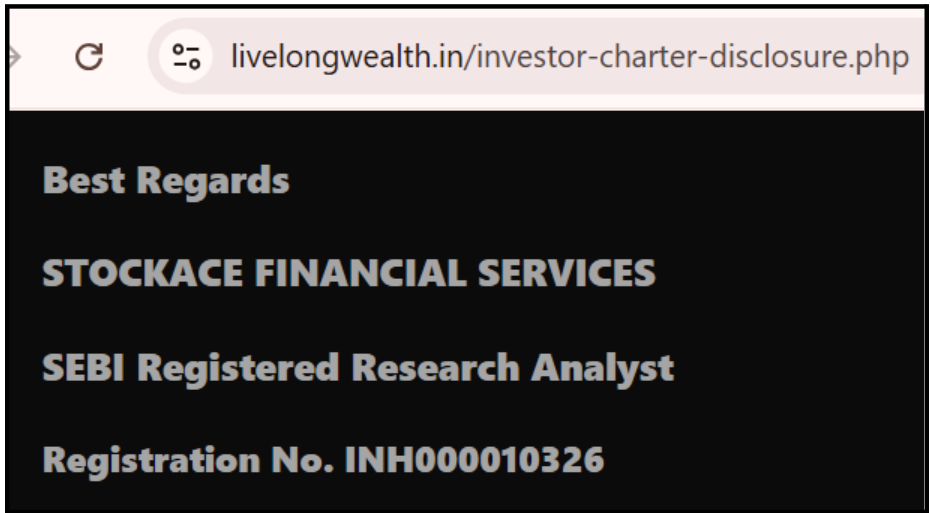 Livelong Wealth Investor Disclosure - Stockace Financial Services Discrepancy