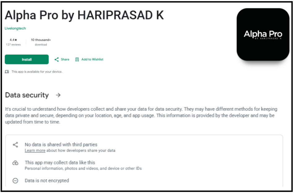 Alpha Pro App - Google Play Store Data Security Disclosure