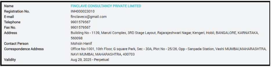 SEBI Research Analyst registration details for Finclave Consultancy Private Limited