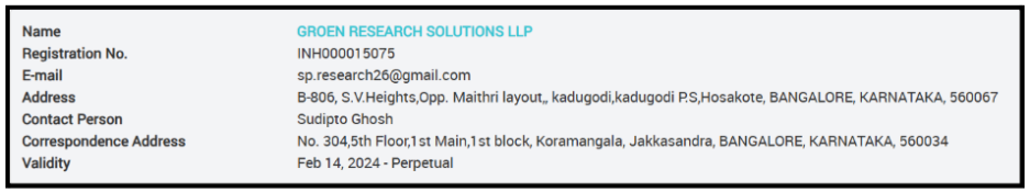 SEBI Research Analyst Registration Details for Groen Research Solutions LLP