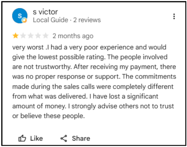 Groen Research Solutions LLP 1-Star Google Review by s victor