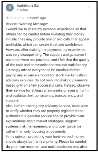 Groen Research Solutions LLP 1-Star Google Review by Saihitech Sai