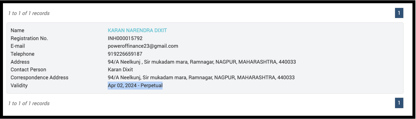 SEBI registration details for Karan Narendra Dixit (INH000015792).