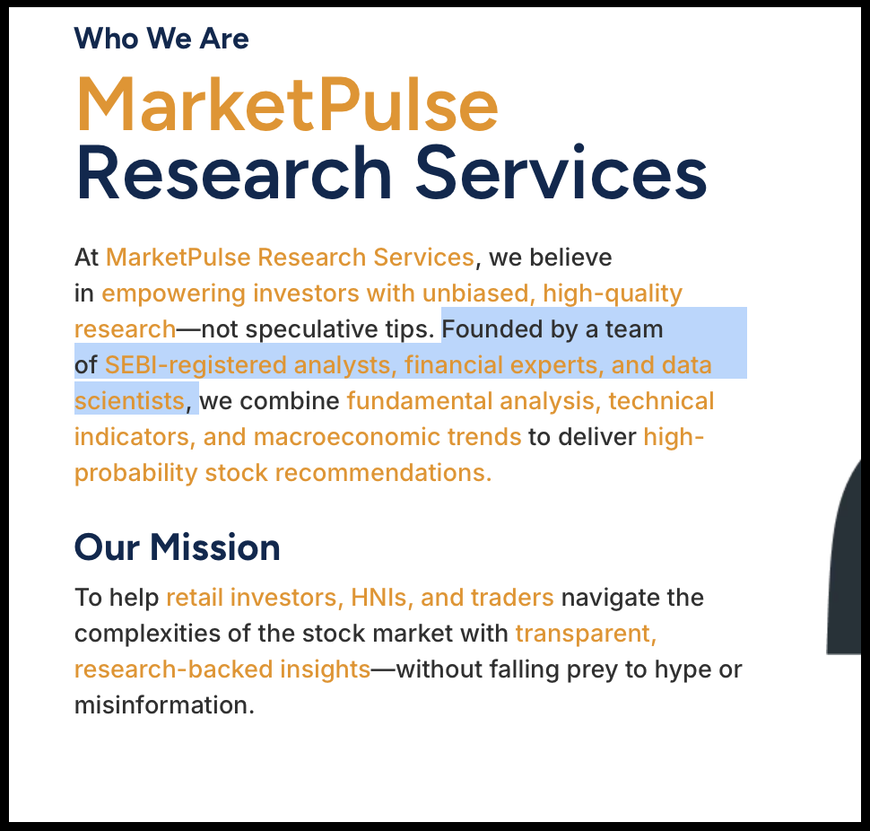 MarketPulse Research Services "About Us" section claiming to be founded by a team of SEBI-registered analysts.