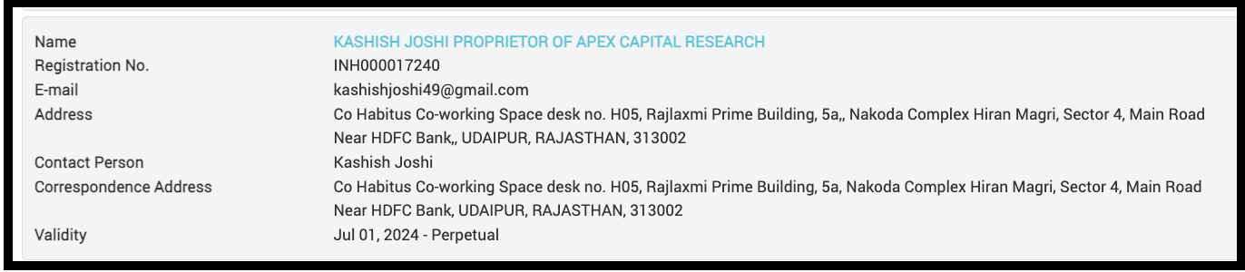 SEBI Research Analyst registration details for Kashish Joshi (Apex Capital Research), registration number INH000017240.