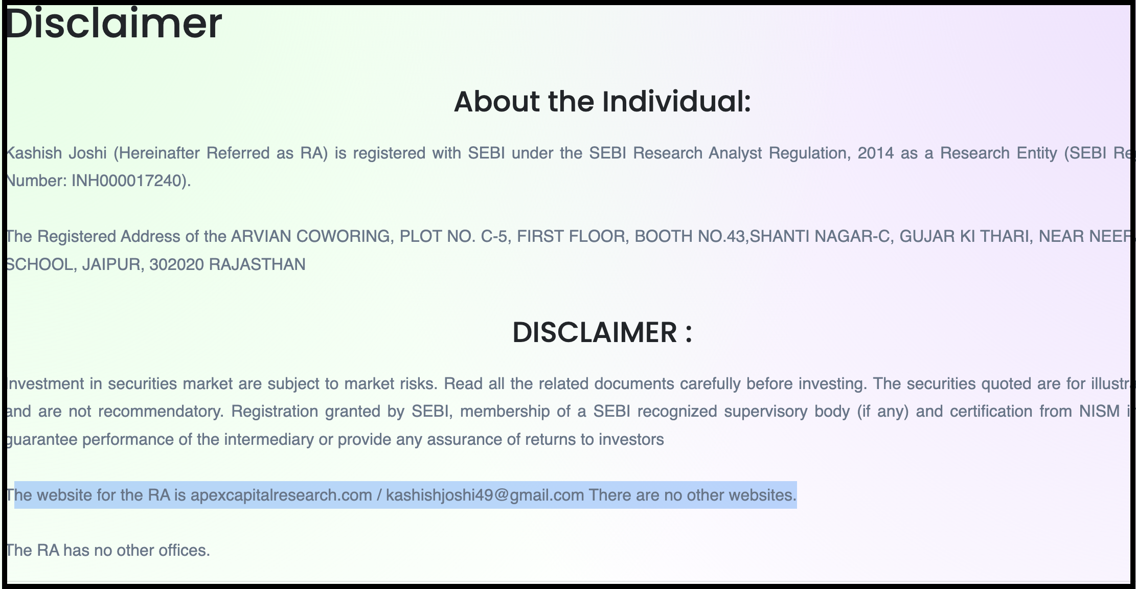 Disclaimer page of Apex Capital Research displaying SEBI registration number and Jaipur address.