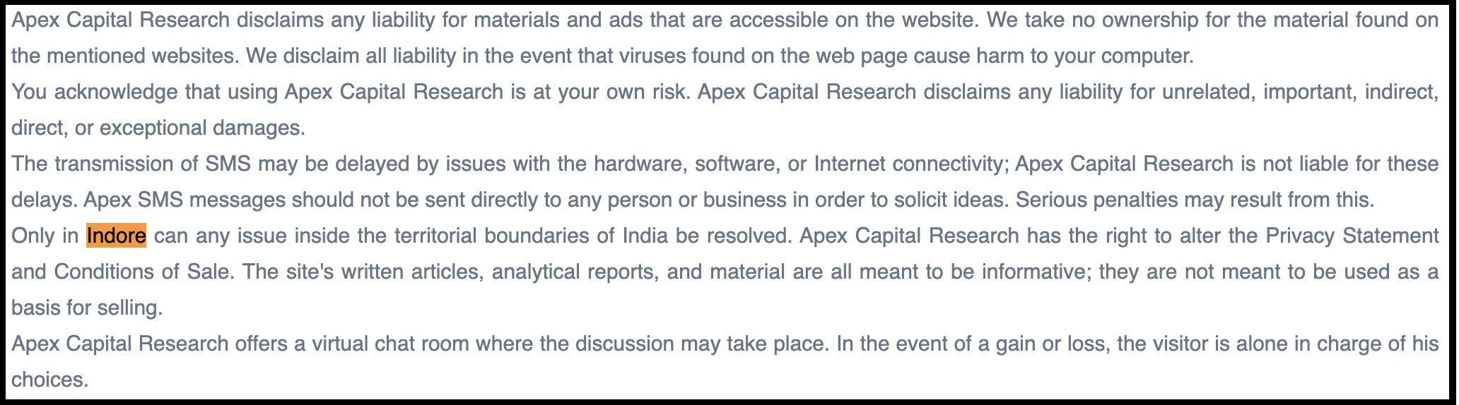 Terms and conditions page of Apex Capital Research highlighting the Indore jurisdiction clause.