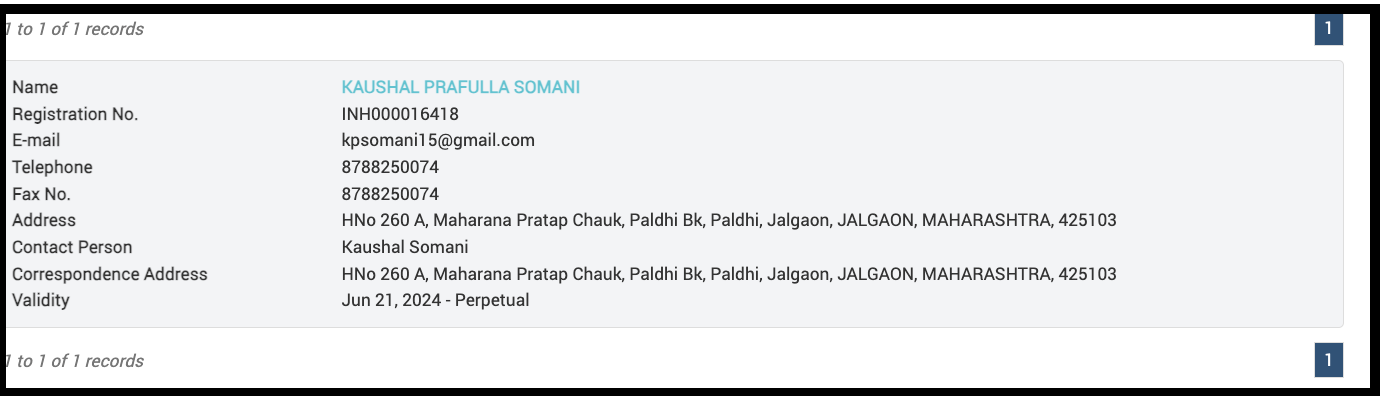 Official SEBI Research Analyst registration record for Kaushal Prafulla Somani