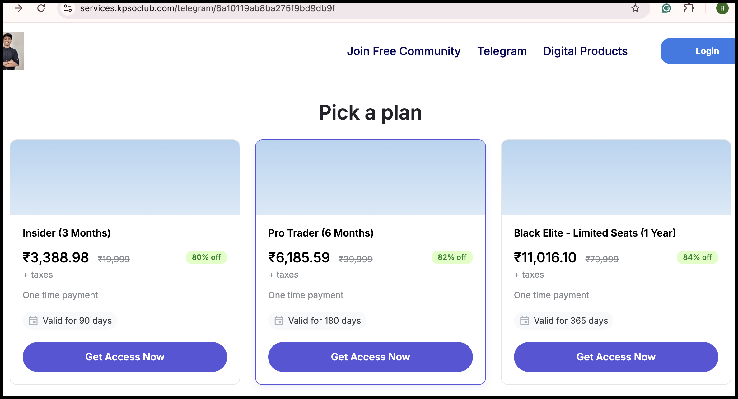 KpsoClub website showing the tier options and pricing for the F&O Premium Telegram channel plans.
