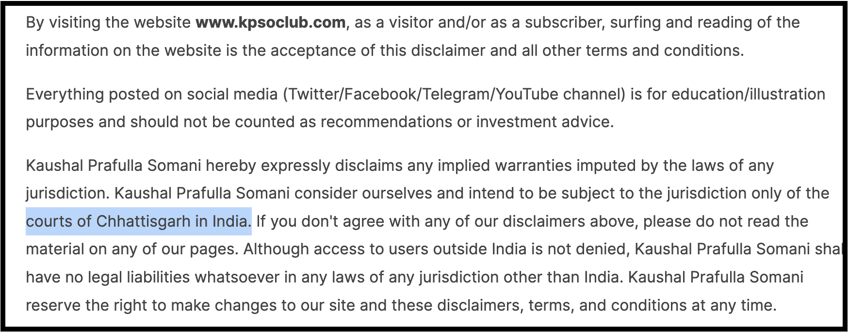 Disclaimer section from the KpsoClub website showing the clause that specifies the courts of Chhattisgarh as the governing legal jurisdiction.