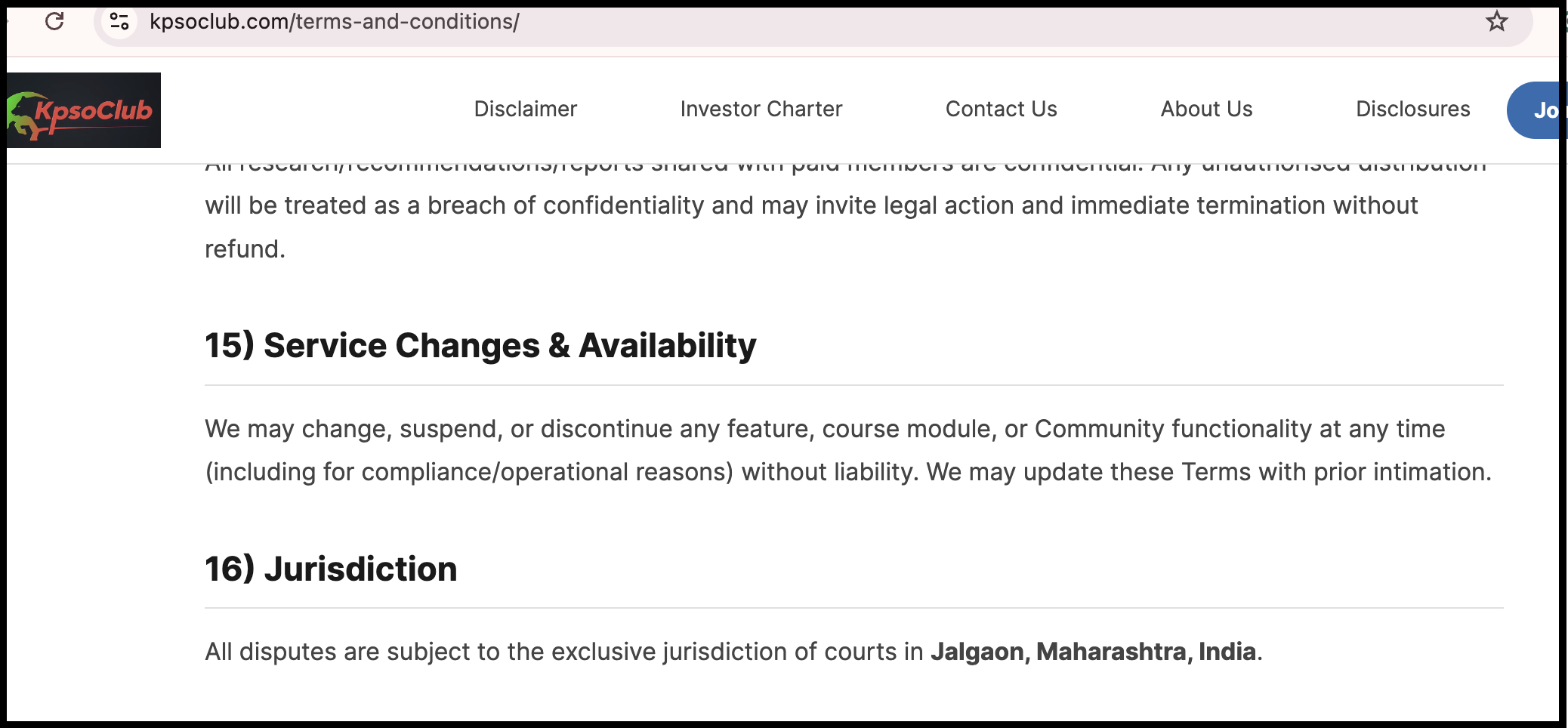Terms and Conditions section from the KpsoClub website showing the clause designating Jalgaon, Maharashtra as the governing legal jurisdiction.