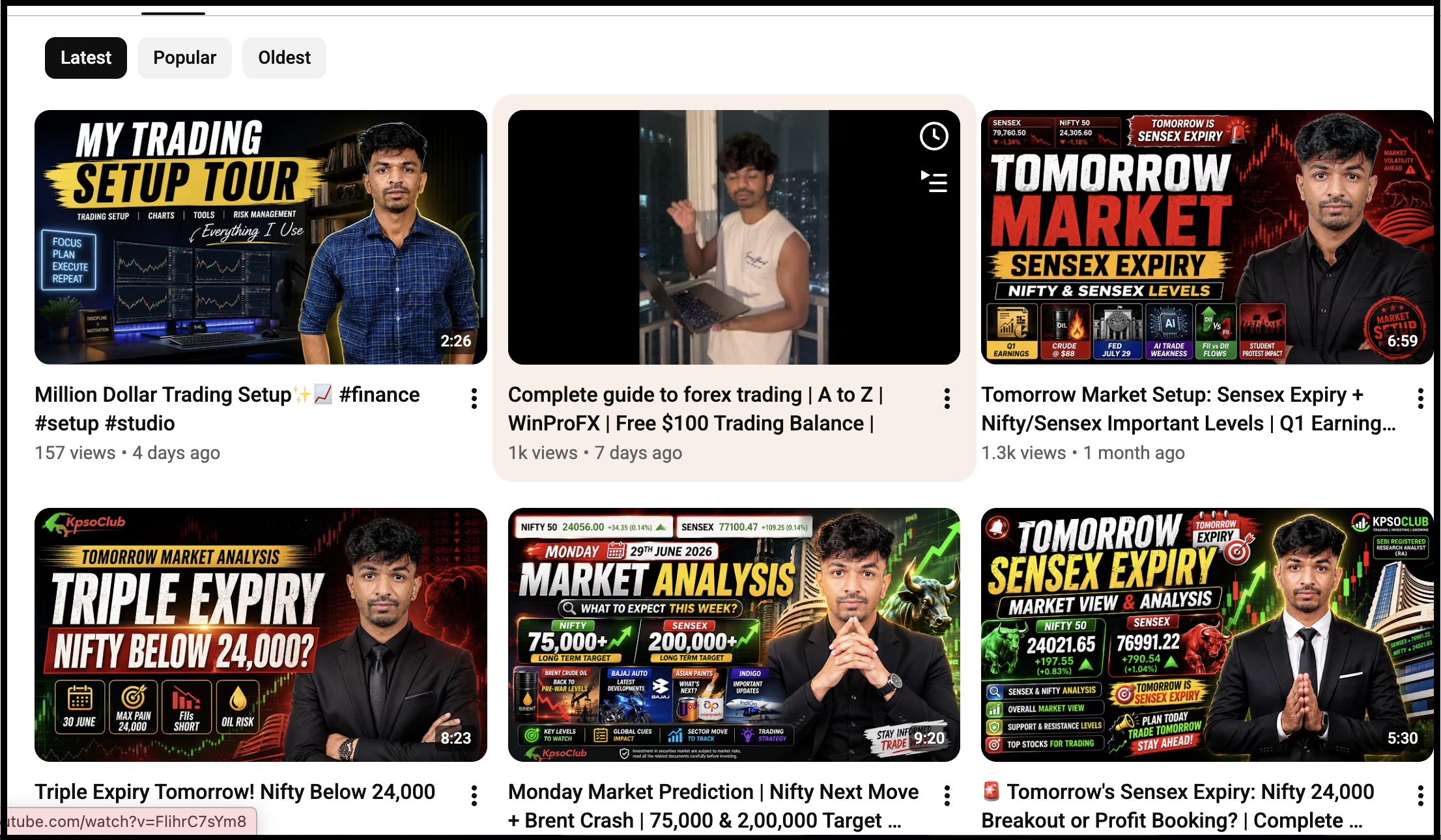 YouTube video thumbnails from Kaushal Prafulla Somani's channel highlighting content on forex trading.