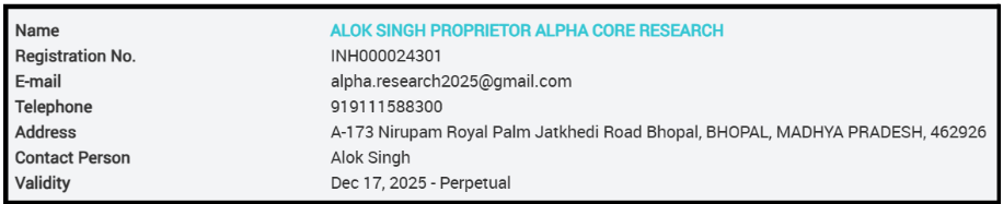 SEBI Registration Details of Alpha Core Research
