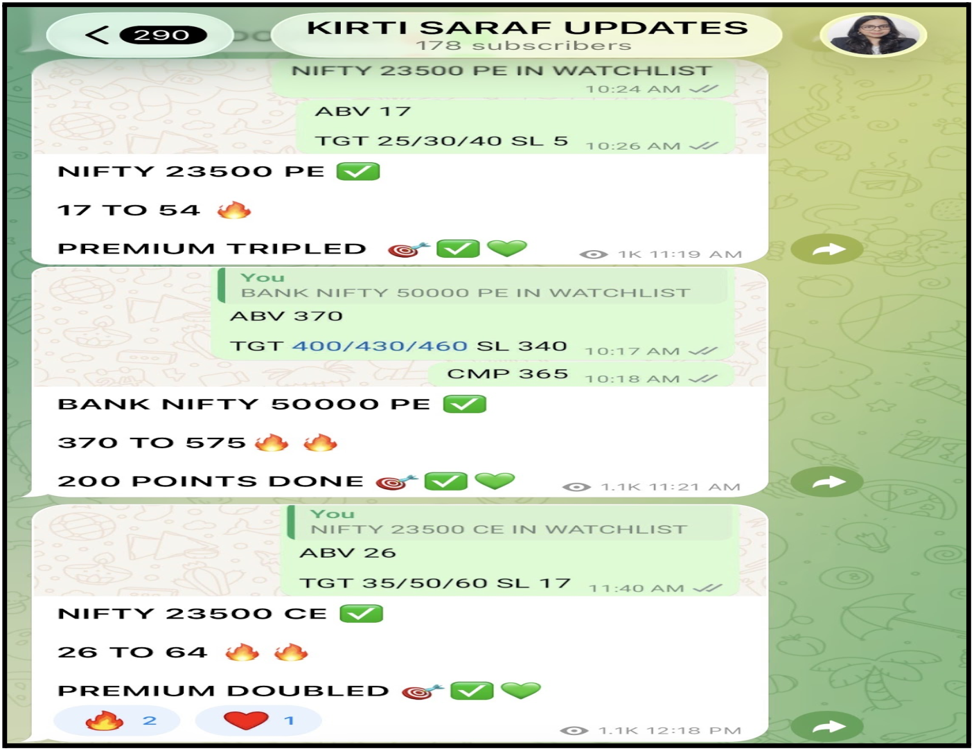 Promotional trade calls posted in the "Kirti Saraf Updates" Telegram channel